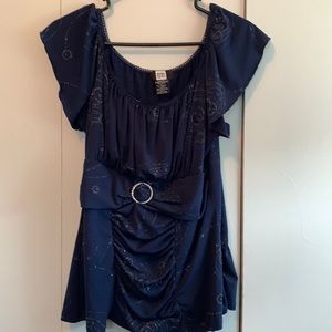 Dressy blue and sparkly top.